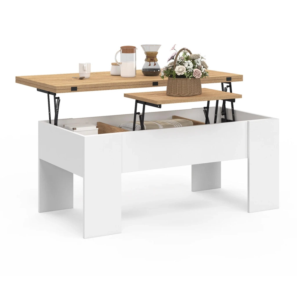 IDMarket - Tavolino rettangolare con piano sollevabile, trasformabile in tavolo da pranzo TARA, in legno bianco e faggio finto