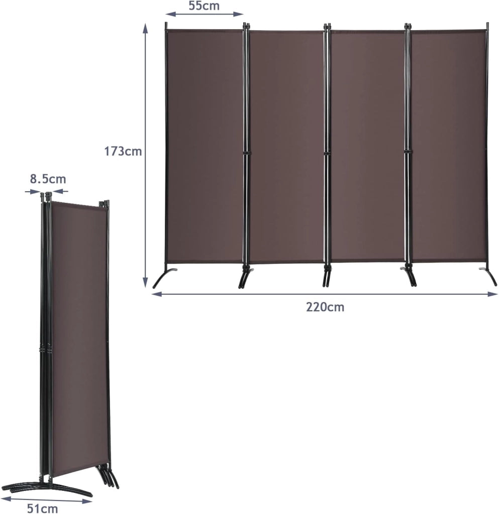 Paravento Interno con 4 Pannelli, Divisorio Pieghevole con Telaio in Ferro Robusto, Separatori di Parti Esterne, 220x55x173 cm (Caffè)