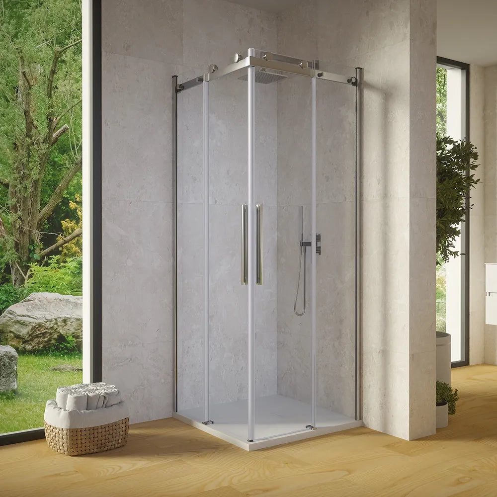 Box doccia angolare 90x90cm due ante scorrevoli  vetro 8mm trasparente profili cromati h195 | Creta