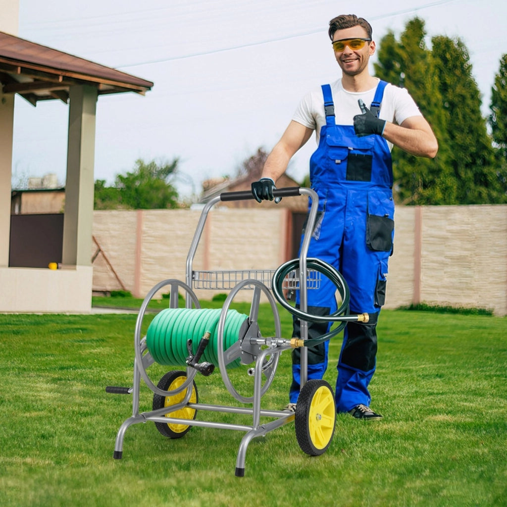 Carrello avvolgitubo da giardino con 2 ruote e cestino portaoggetti, Carrello tubo da giardino per esterni e giardino Argento-Attrezzi da giardino