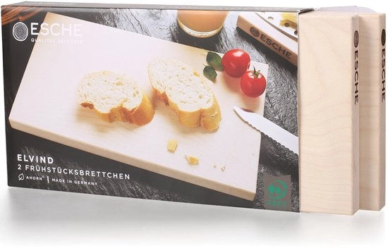 Set di 2 assi da colazione di essenza di legno non trattato, di durata sostenibile, prodotti in Germania, piastra da taglio utilizzabile.