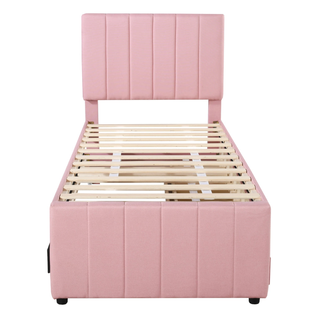 Letto imbottito multifunzione con letto estraibile e 3 cassetti, colore rosa