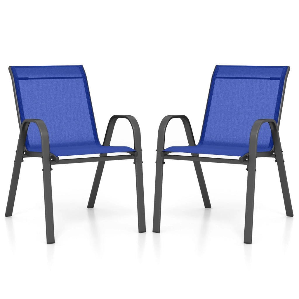 Set di 2 sedie da patio impilabili in metallo con braccioli, Sedie da pranzo in tessuto traspirante Blu-Sedie da esterno