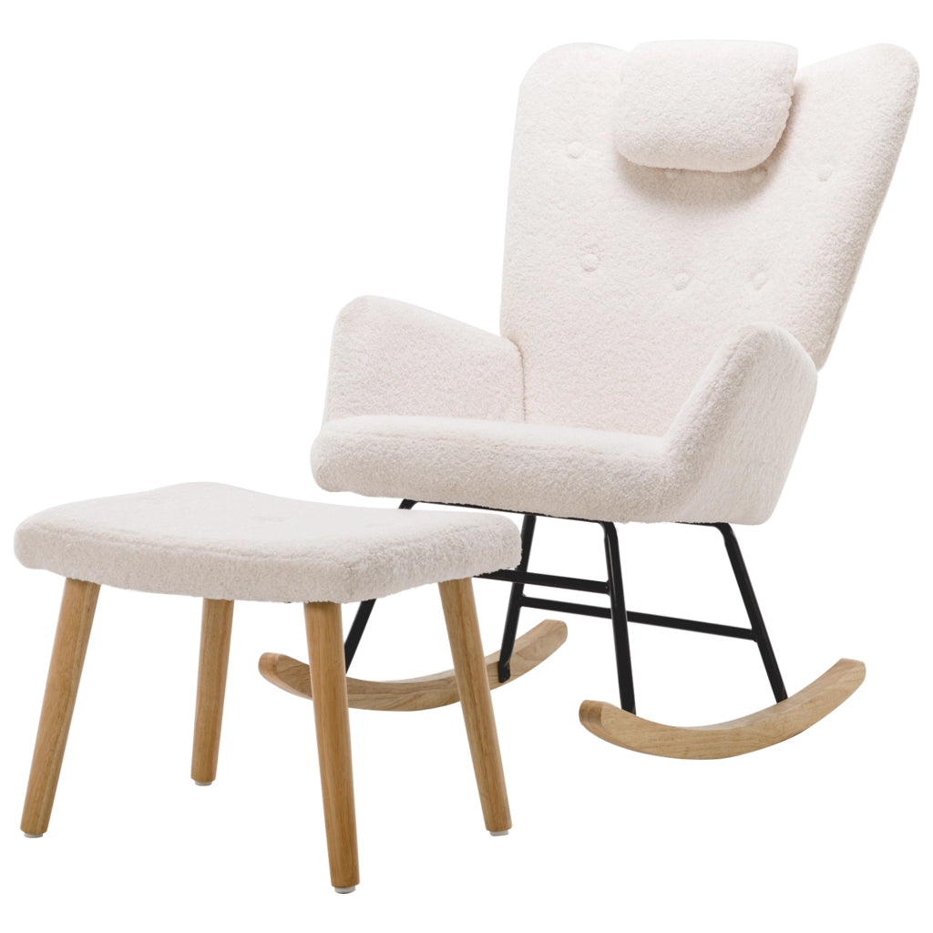 Poltrona a dondolo con poggiatesta e poggiapiedi design elegante per relax quotidiano in tessuto bouclé bianco