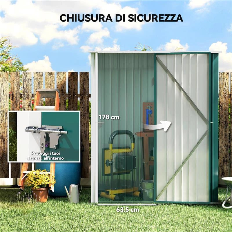 CASETTA DA GIARDINO IN ACCIAIO PORTA ATTREZZI CON CATENACCIO, 161.5X94.5X196CM, VERDE