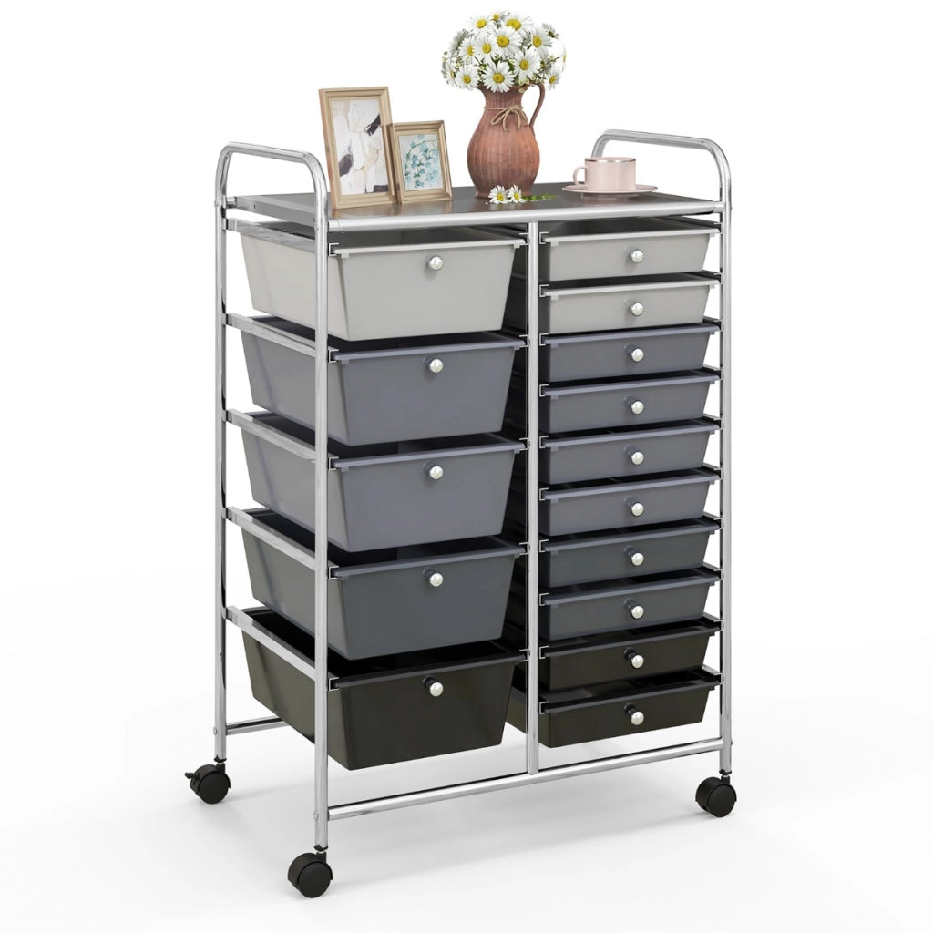 Carrello con 15 cassetti estraibili e ruote con freno, Carrello multiuso per casa ufficio scuola Argento-Armadi da ufficio