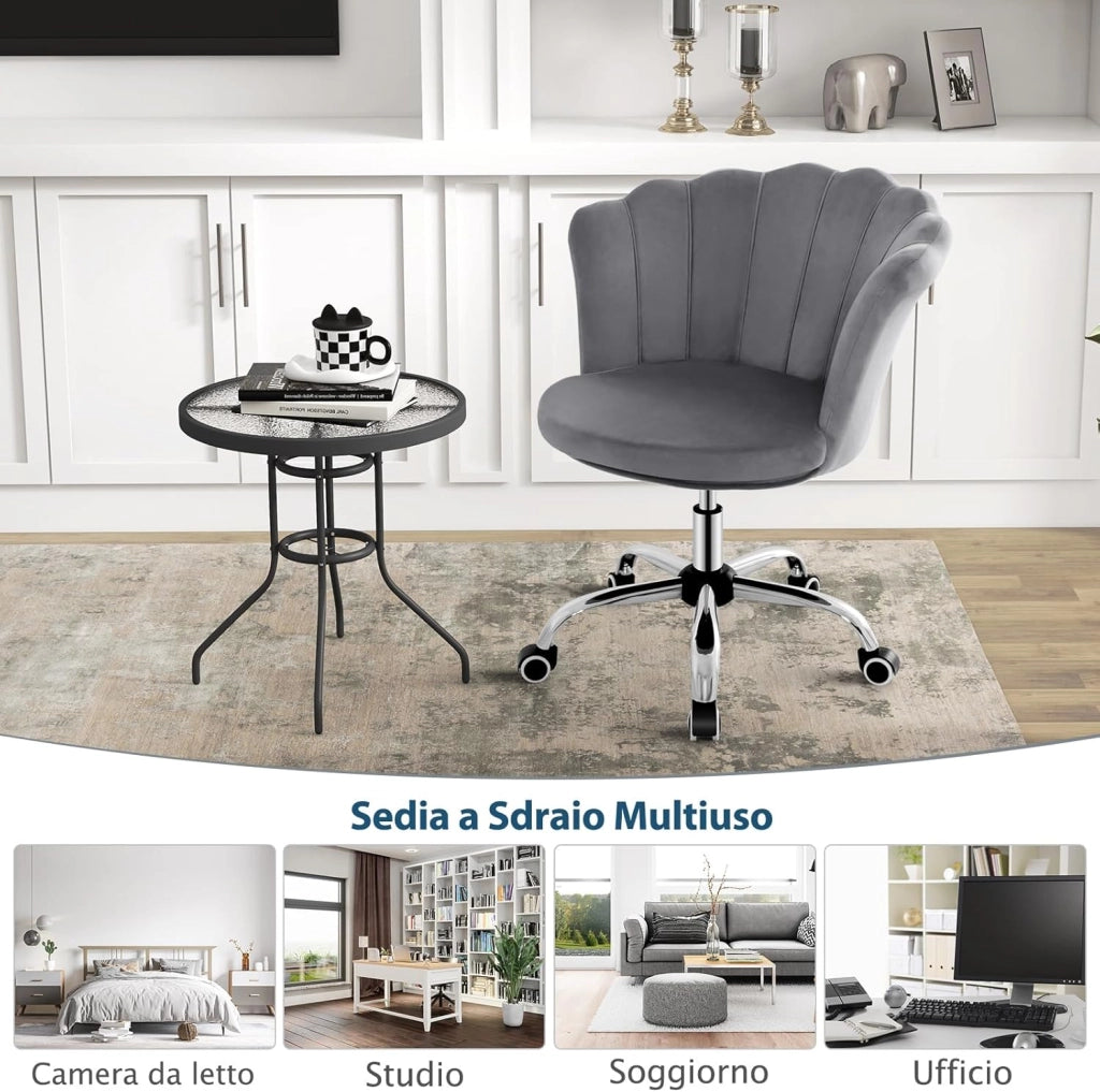 Sedia da Scrivania in Velluto, Poltrona Girevole con Altezza Regolabile, con Schienale a Forma di Petalo e Ruote, per Casa Ufficio, Carico Massimo 150 kg (Grigio)