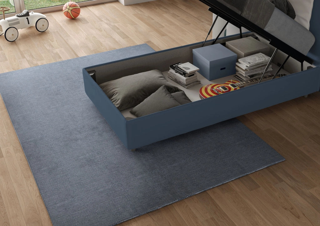 BS COM Letto singolo contenitore imbottito 80x210 microfibra blu