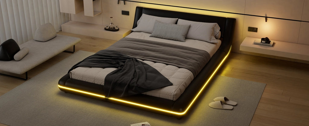 DESMIU Letto basso 140 × 200 cm 2 posti con LED regolabile, senza materasso, in PU, nero