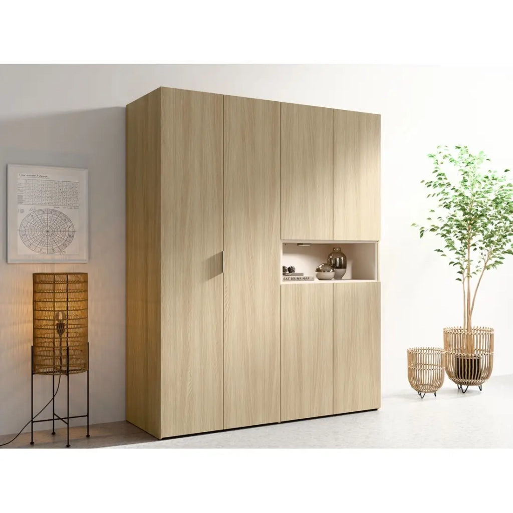 Armadio KAORI 5 porte con nicchia LED in rovere chiaro e beige 202 cm
