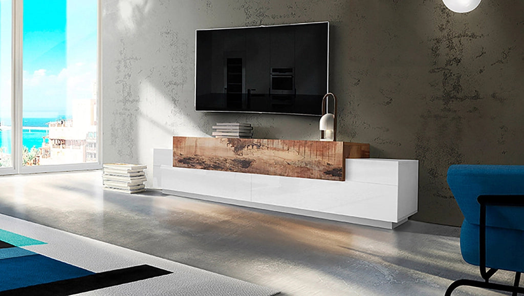 Mobile TV 3 Ante 240x45x51,5 cm Coro Bianco Lucido e Acero Pereira