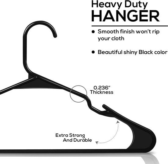 Hangers per capo in plastica (42cm) - Villici di alta qualità per armadi - Progettati per abiti delicati - Ideali per camicie, t-shirt, giacche, bluse, pantaloni (30 pezzi, Nero)