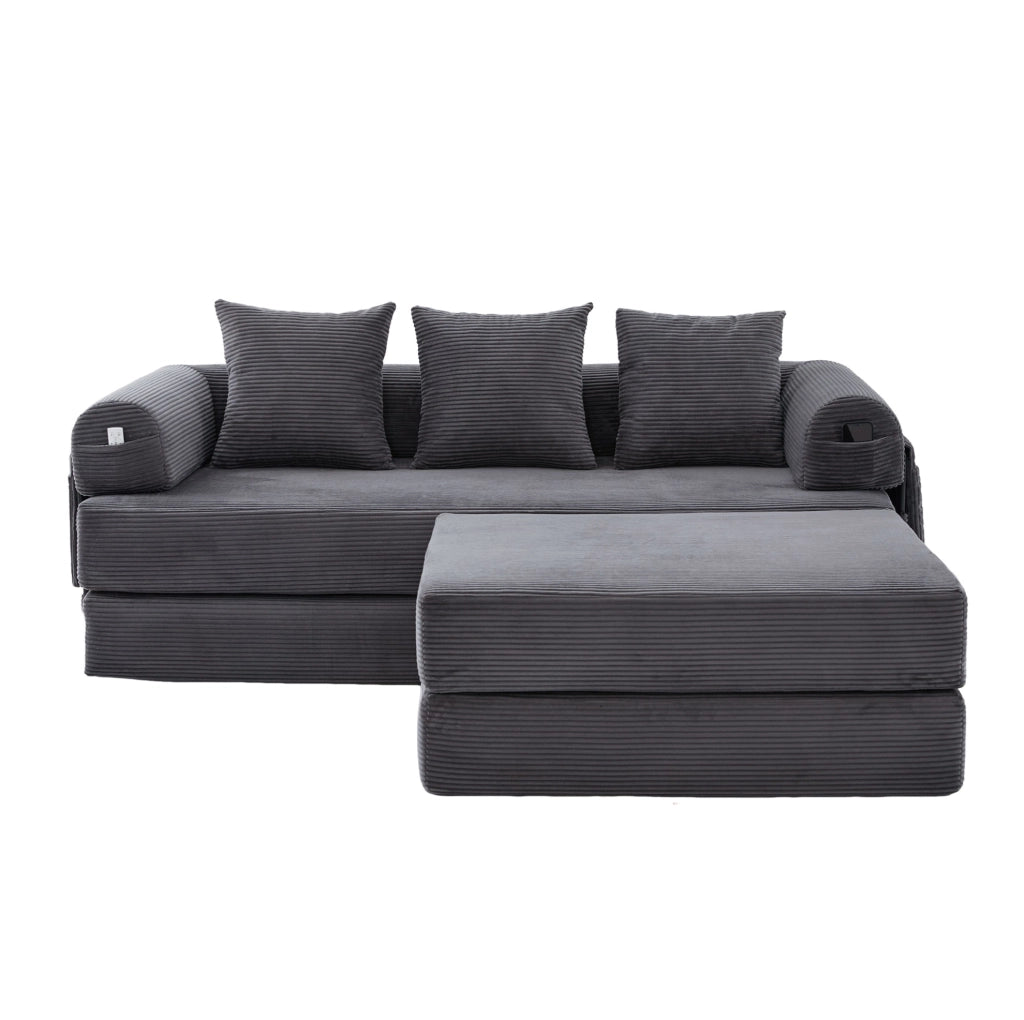 Divano modulare in velluto a coste con pouf, 3 cuscini e tasca laterale, grigio scuro