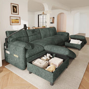 Divano componibile a 6 posti con 2 pouf contenitore in chenille verde, braccioli imbottiti e seduta modulare