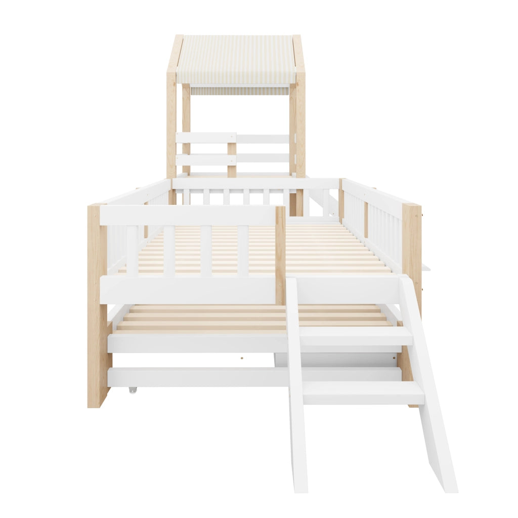 Letto per bambini 90x200 cm con scivolo; letto estraibile e scala in legno bianco
