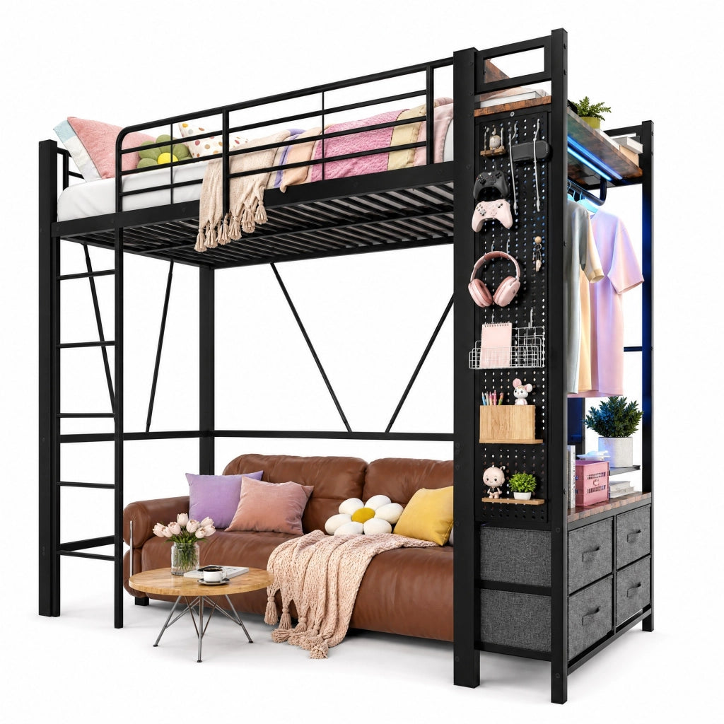 LETTO a soppalco 90x200 cm metallo nero con 4 cassetti LED USB e Type-C