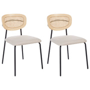 Set di 2 sedie da pranzo Rivestimento in poliestere beige chiaro Schienale in rattan naturale a treccia viennese Gambe in metallo nero Sgabelli senza braccioli