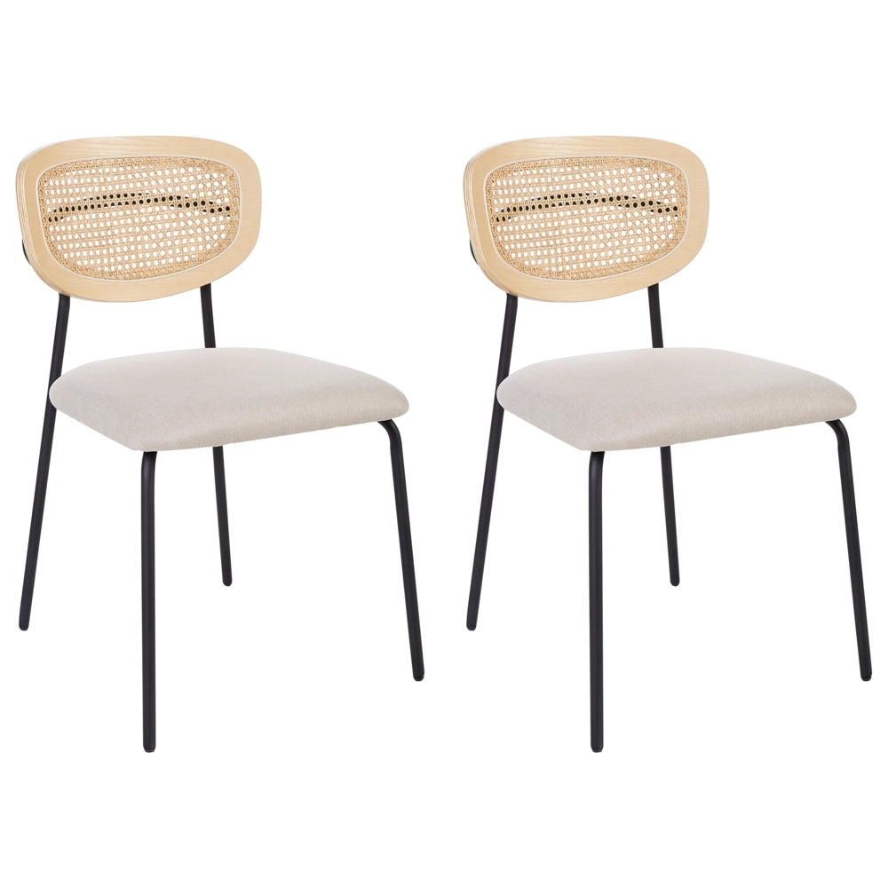 Set di 2 sedie da pranzo Rivestimento in poliestere beige chiaro Schienale in rattan naturale a treccia viennese Gambe in metallo nero Sgabelli senza braccioli