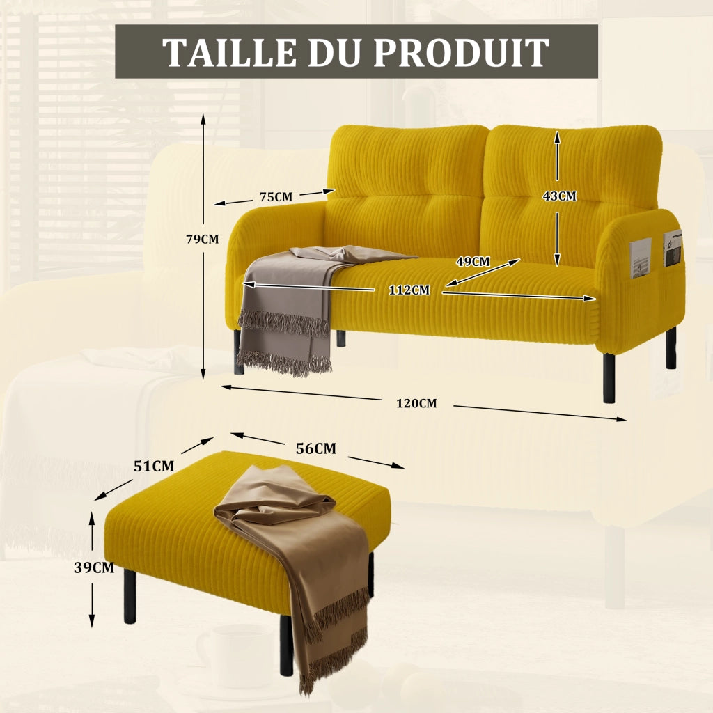 Divano 2 posti in corduroy 120 x 75 x 79 cm con tasca laterale; giallo