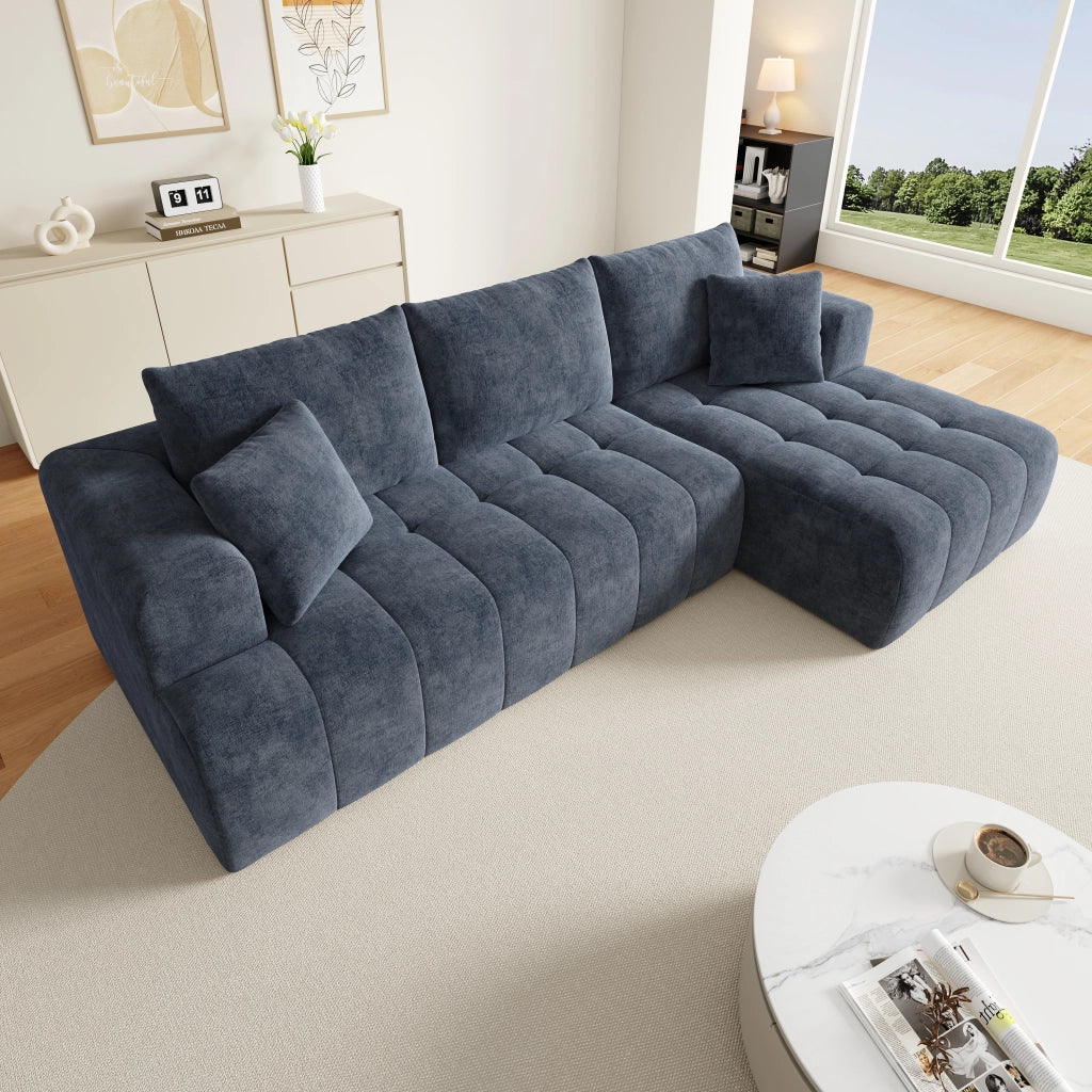 Divano ad angolo modulare senza struttura con design basso e cuscini in chenille blu 244,5 × 136 × 79 cm