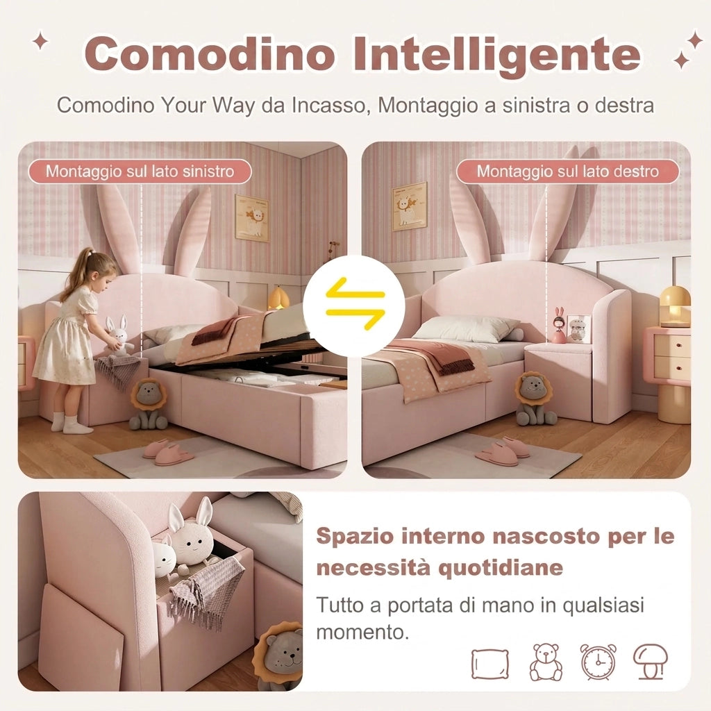 Letto singolo 90x200 con contenitore e comodino; design orecchie da coniglio; in velluto; rosa