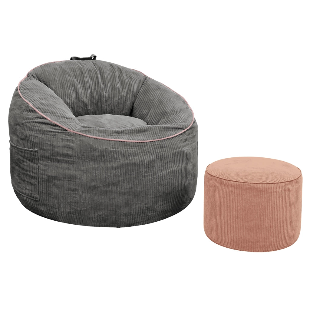 Poltrona pouf con poggiapiedi e tasca laterale - in flanella - grigio