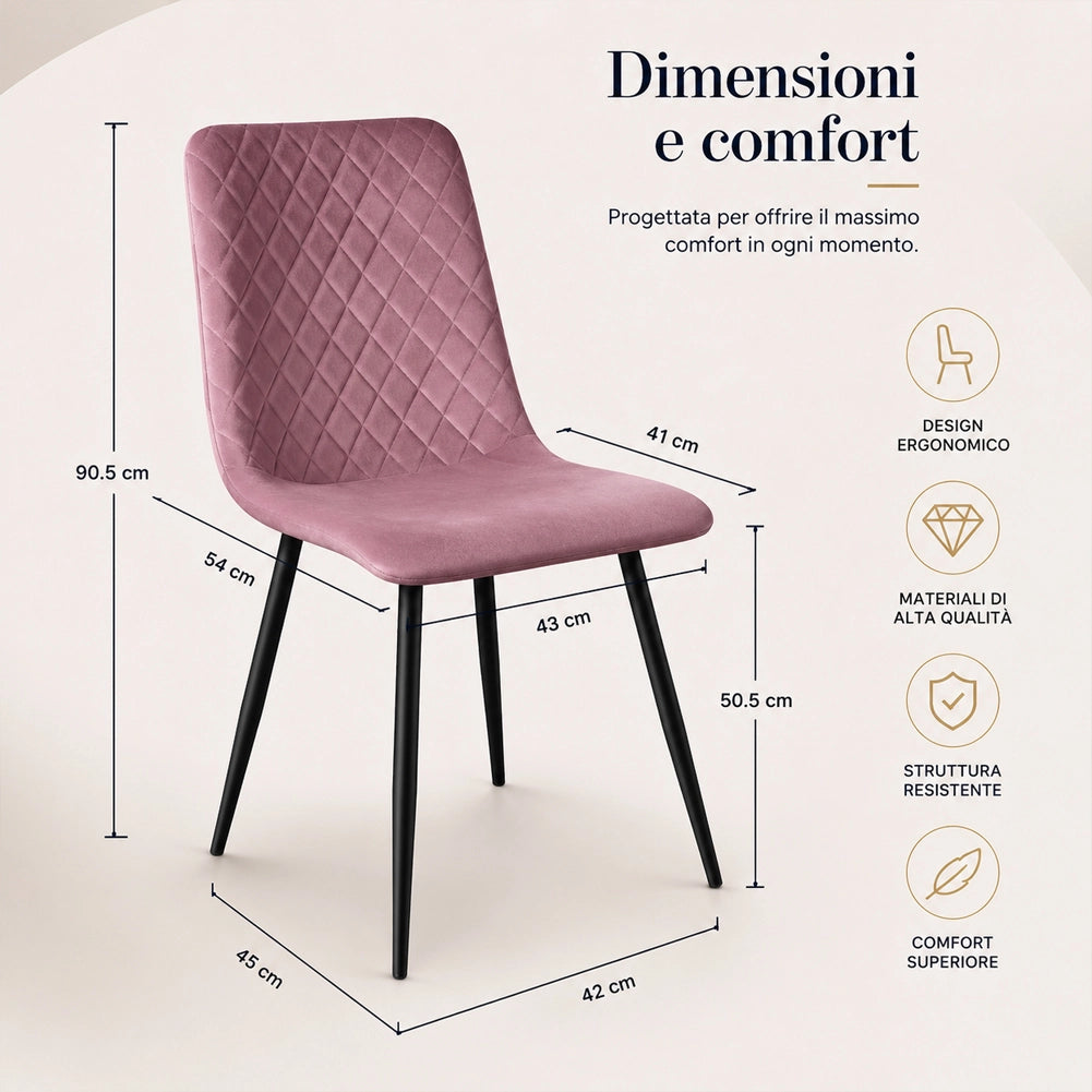 Set 4 Sedie Rosa con Rivestimento in Velluto e Piedi Neri Seduta Ergonomica