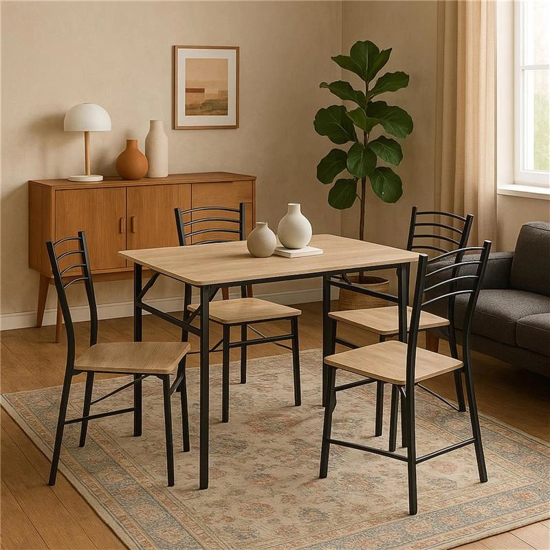 SET ZOY CON TAVOLO E 4 SEDIE PIEGHEVOLI COLORE NERO E ROVERE, STRUTTURA IN METALLO E SEDUTA IN LEGNO
