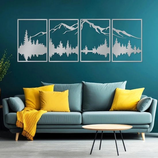 Set di 4 Decorazioni in Metallo Minimaliste con Paesaggio di Montagna e Bosco