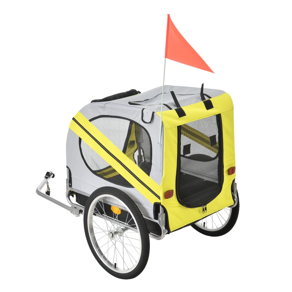 Rimorchio per Bicicletta per Trasporto Cani 138 x 71 x 90 cm Carrello per Trasporto Animali Domestici Carico Max.26 kg - Giallo-Griggio-Nero