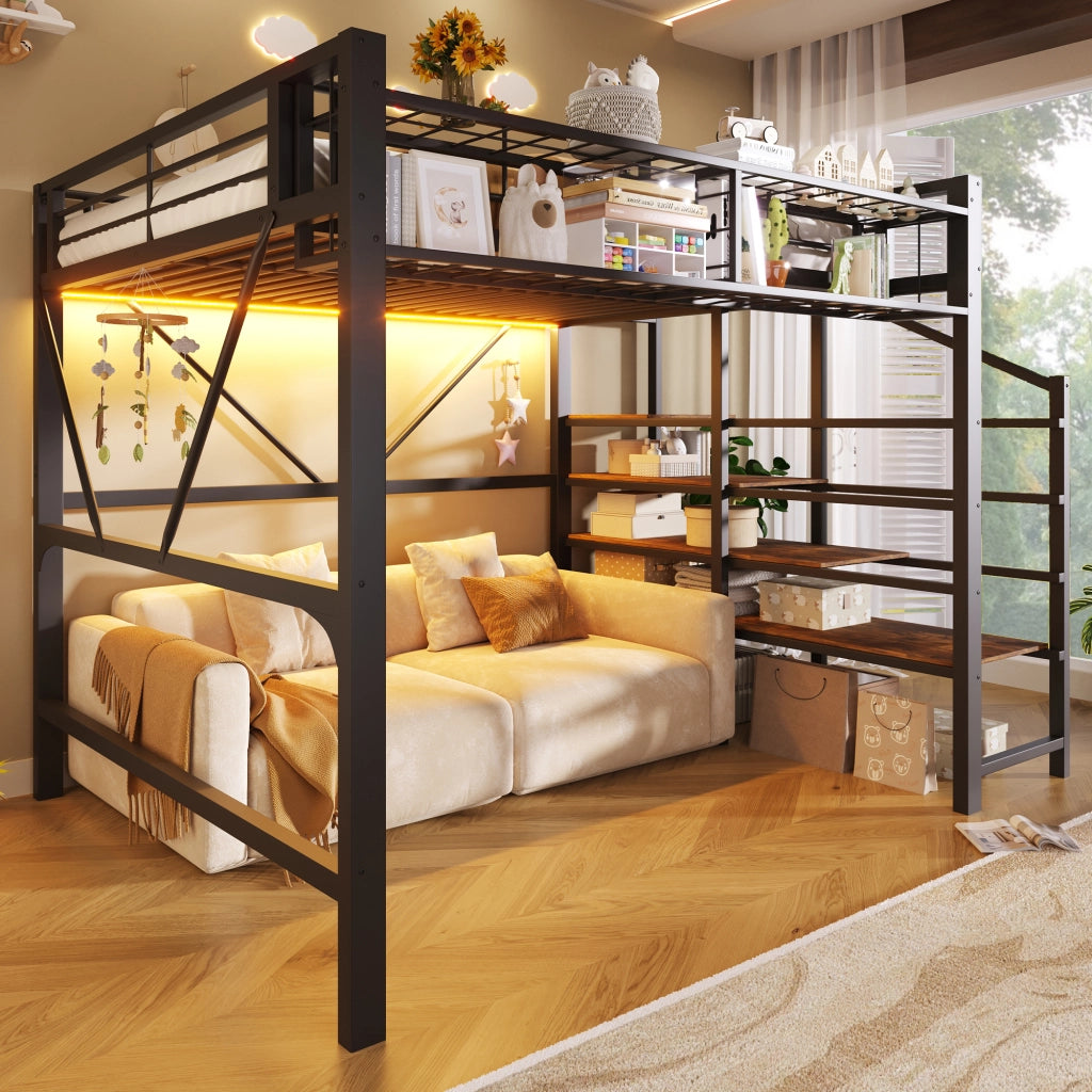 LETTO a soppalco 140x200 cm in metallo e MDF nero con scala e LED