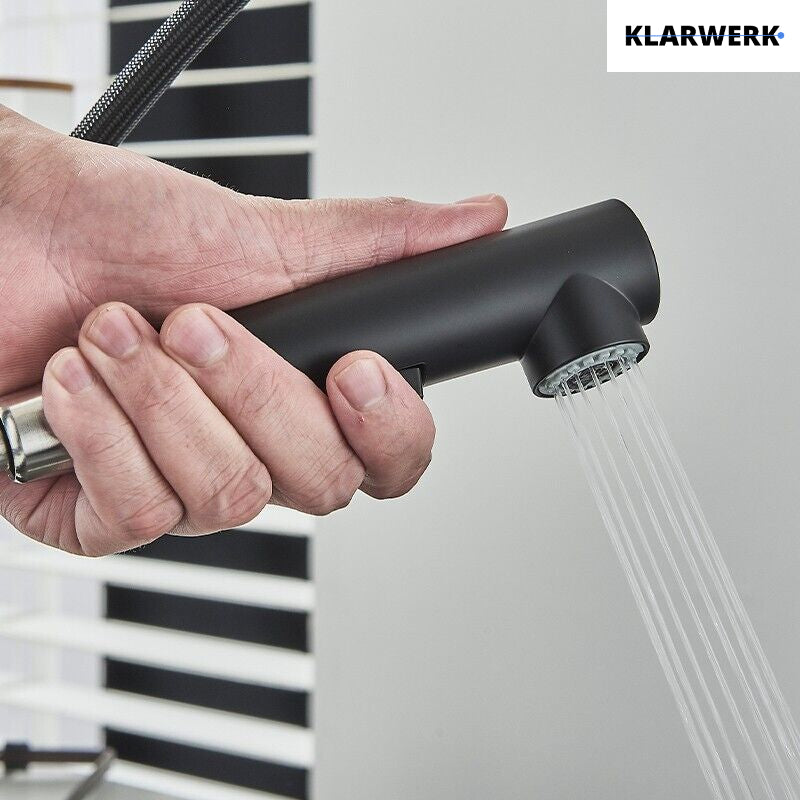 FELICE| Rubinetto da cucina estraibile Premium in acciaio inox nero opaco | Miscelatore canna dritta | Rubinetto gastro alta pressione 360° 2 attacchi