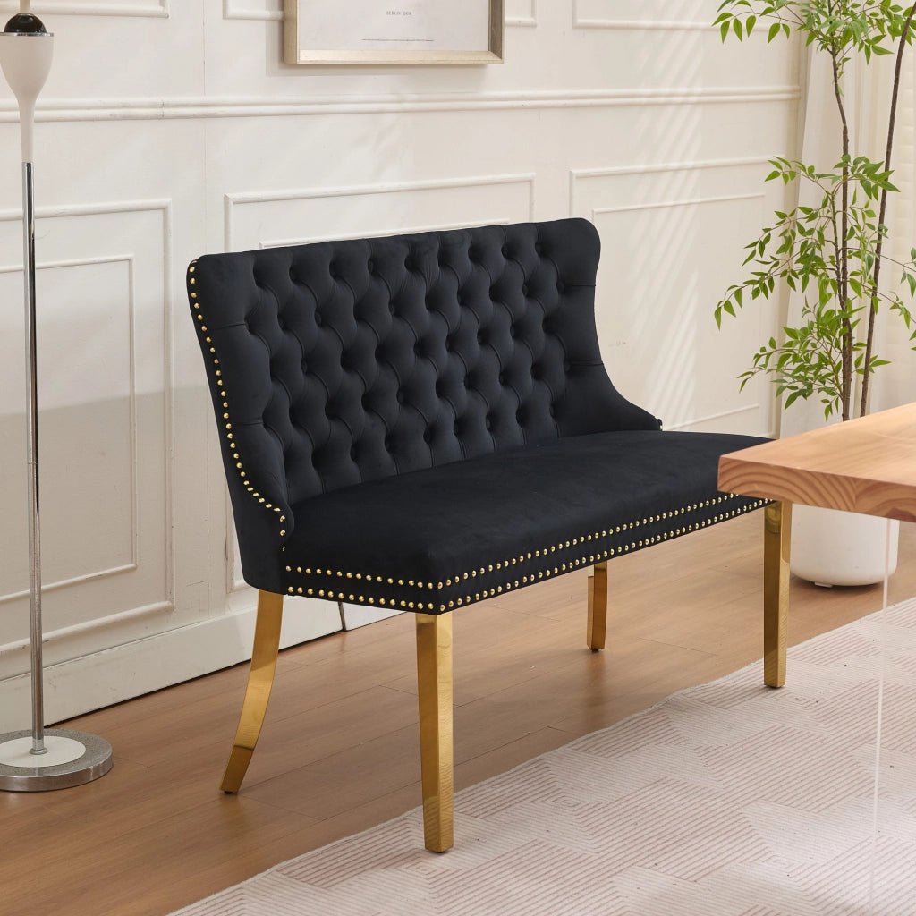 Panchina 2 Posti Velluto con Schienale ¨C Xylo ¨C Nero, Gambe Dorate, Stile Moderno