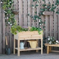 Fioriera da Giardino Rialzata con Ripiano a Doghe, Inserti per l'Irrigazione, in Legno Massello, 90 x 40 x 81 cm, Legno naturale
