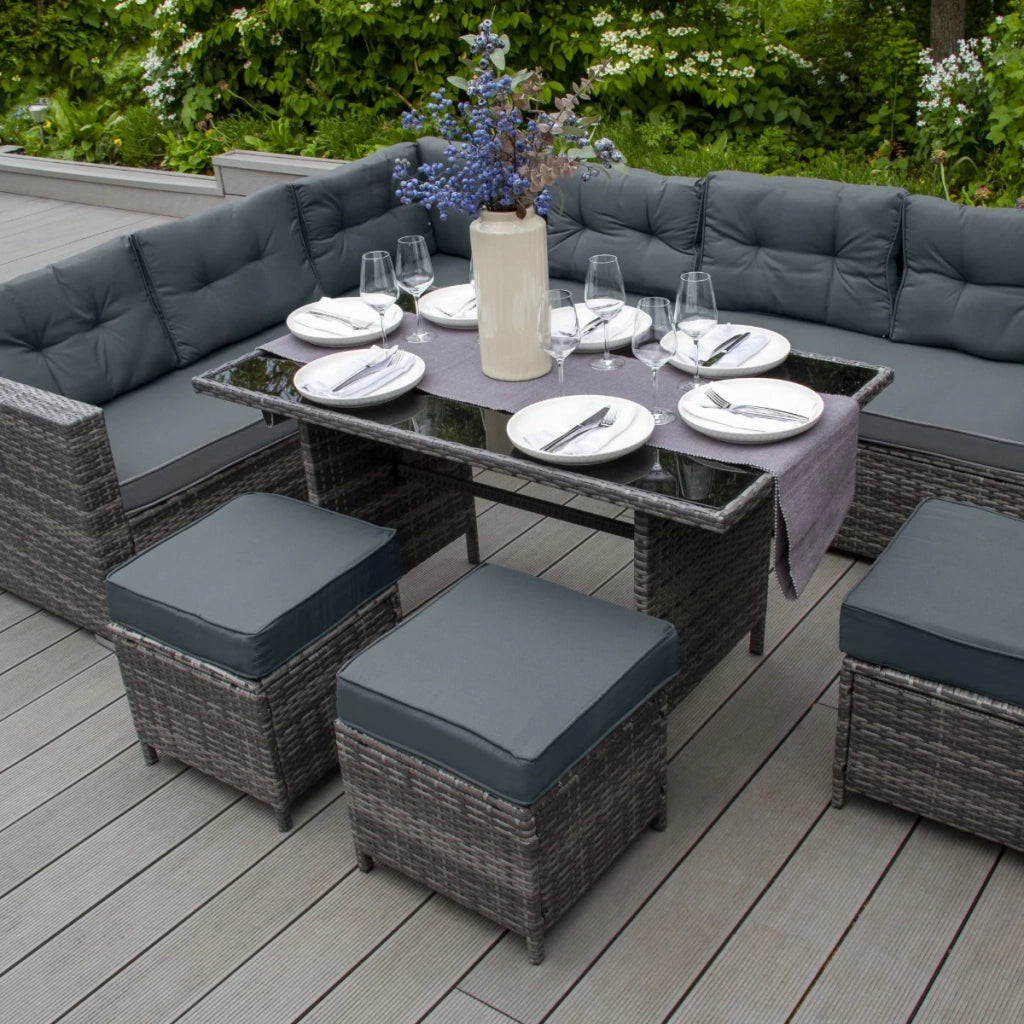 Set d'angolo in rattan Mobili da giardino Grigio Divano Sgabelli Tavolo Cuscini impermeabili 9 Posti