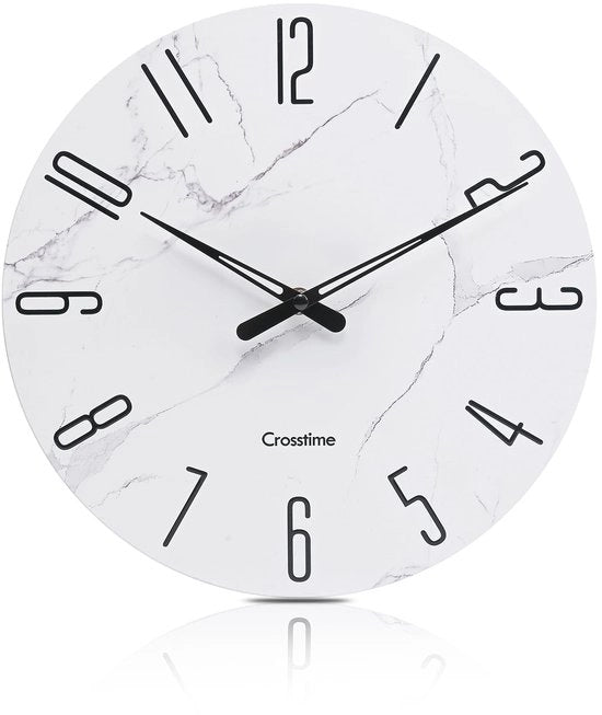 Orologio da parete, moderno orologio da bagno, alimentato da batterie, orologio in vetro di marmo bianco, decorativo per cucina, ufficio, casa, 12 pollici, impermeabile