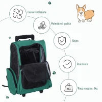 Trasportino Zaino 2 in 1 per Cani e Gatti con Tasche Laterali, Maniglia Telescopica e Ruote, 42x25x55cm, Verde