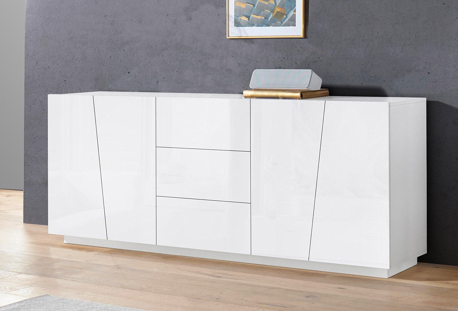 Credenza 4 Ante + 3 Cassetti 220x43x86 cm Vega Bianco Lucido