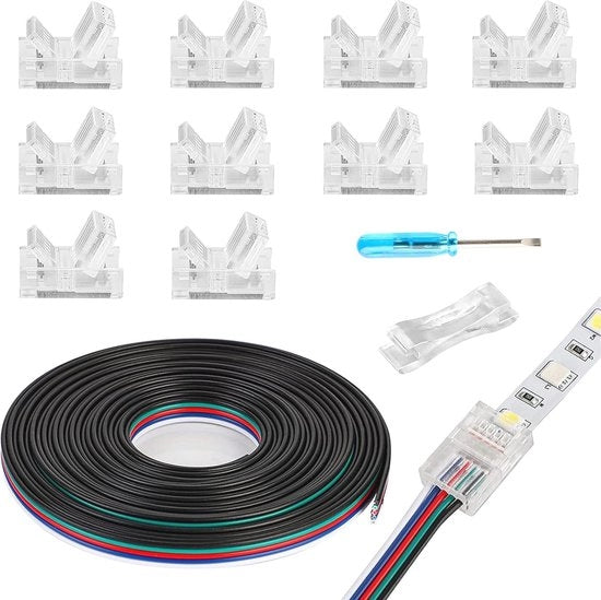 Striscia LED 5 Pin 10mm Connettori RGBW Senza Saldatura 10 pezzi - Cavo di Estensione 5,00 m - Illuminazione RGBW a Chiusura Ermetica e Non Ermetica