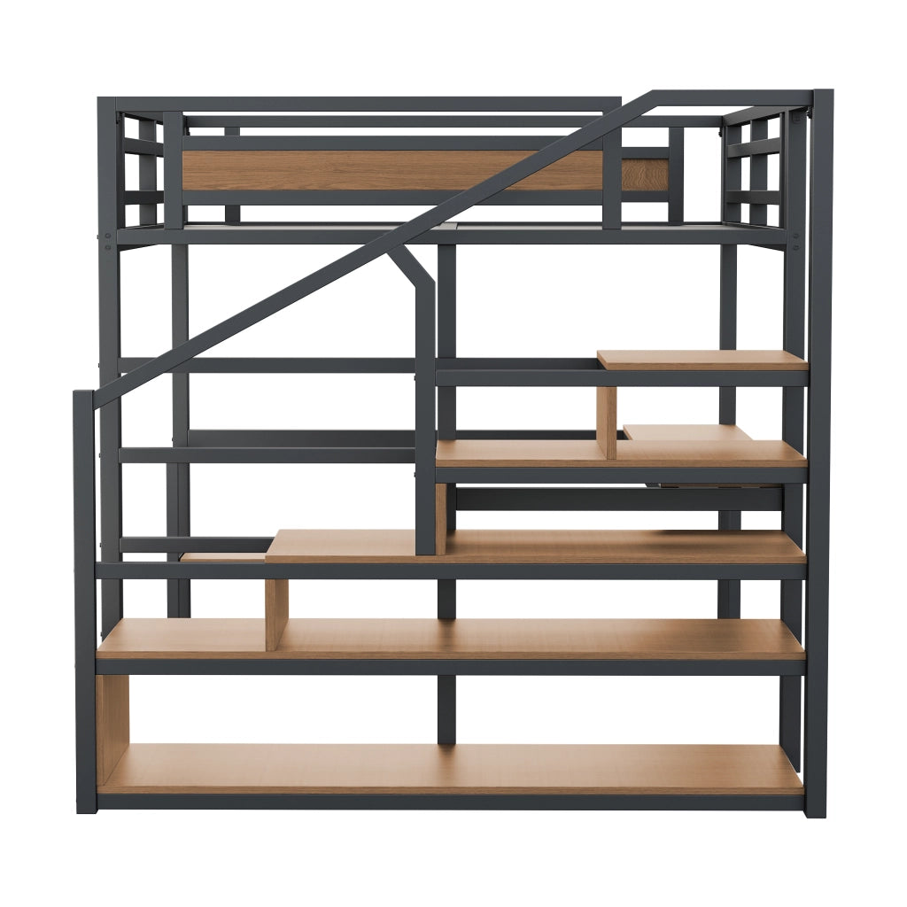 OKWISH Letto a soppalco 140×200 cm, Letto Matrimoniale con Scala Contenitore, Mensole e Scrivania, senza Materasso, in Metallo, Nero