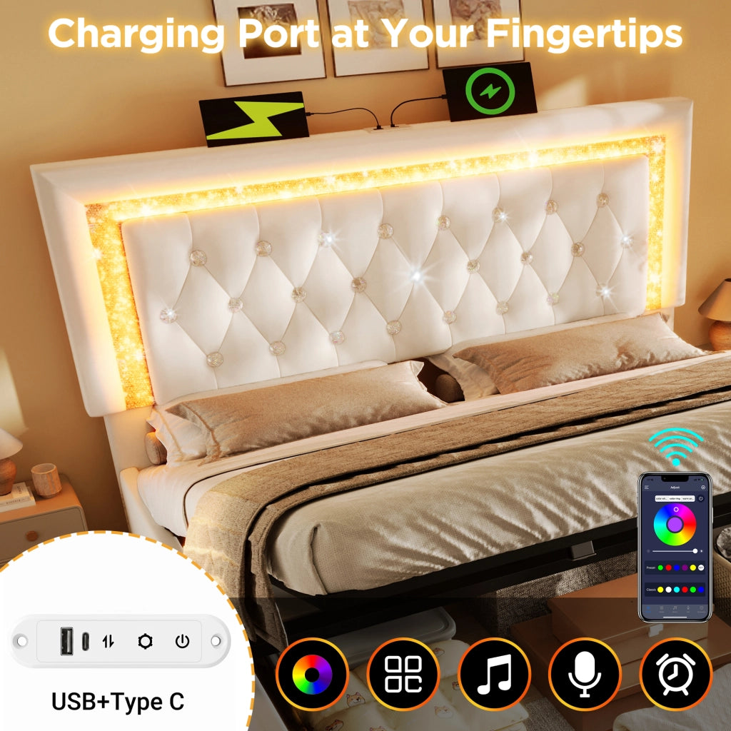 DESMIU Letto contenitore 140 × 200 cm 2 posti con LED, USB e Type-C, senza materasso, in velluto, beige