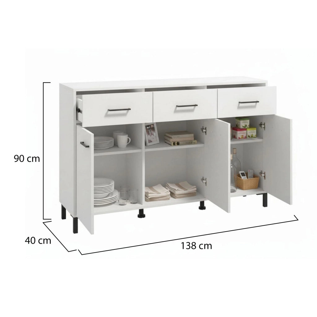 Madia Laerru, Credenza 3 Ripiani, 138x40x90h cm Bianco