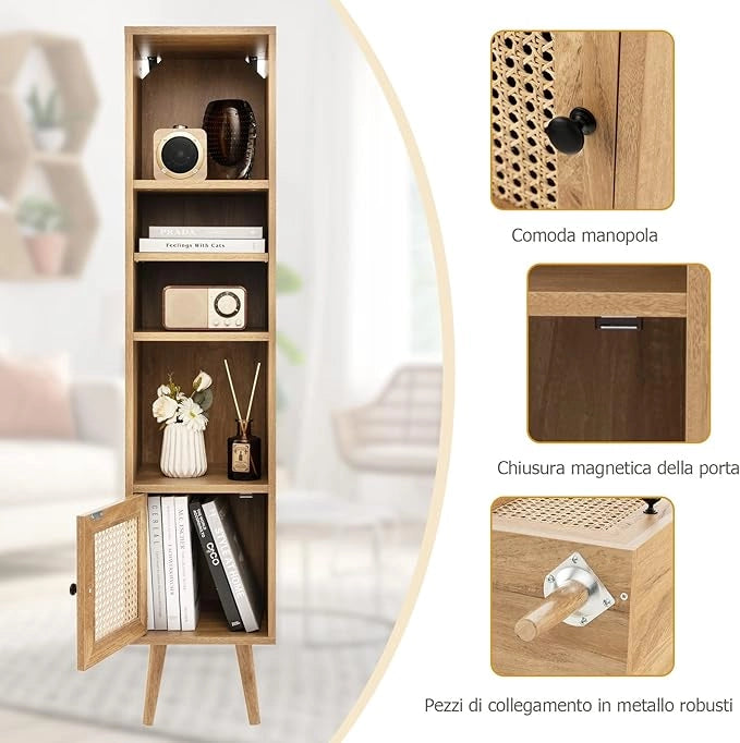 Libreria Scaffale con Anta in Rattan Naturale, Scaffale Legno in Stile Boho con 3 Ripiani Regolabili in 12 Posizioni, per Soggiorno Cucina e Camera da Letto, 29,5 x 29,5 x 137 cm (Naturale)