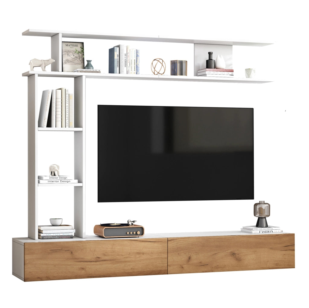 Set mobile TV con 2 ante e vani aperti; 180 cm; bianco e rovere