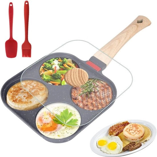 Piatto per pannocotte con 4 fori, padella multifunzione per colazione con coperchio, rivestimento antiscivolo, padella per uova, padella per omelette in alluminio, padella per colazione per induzione, forno a gas, esterno.