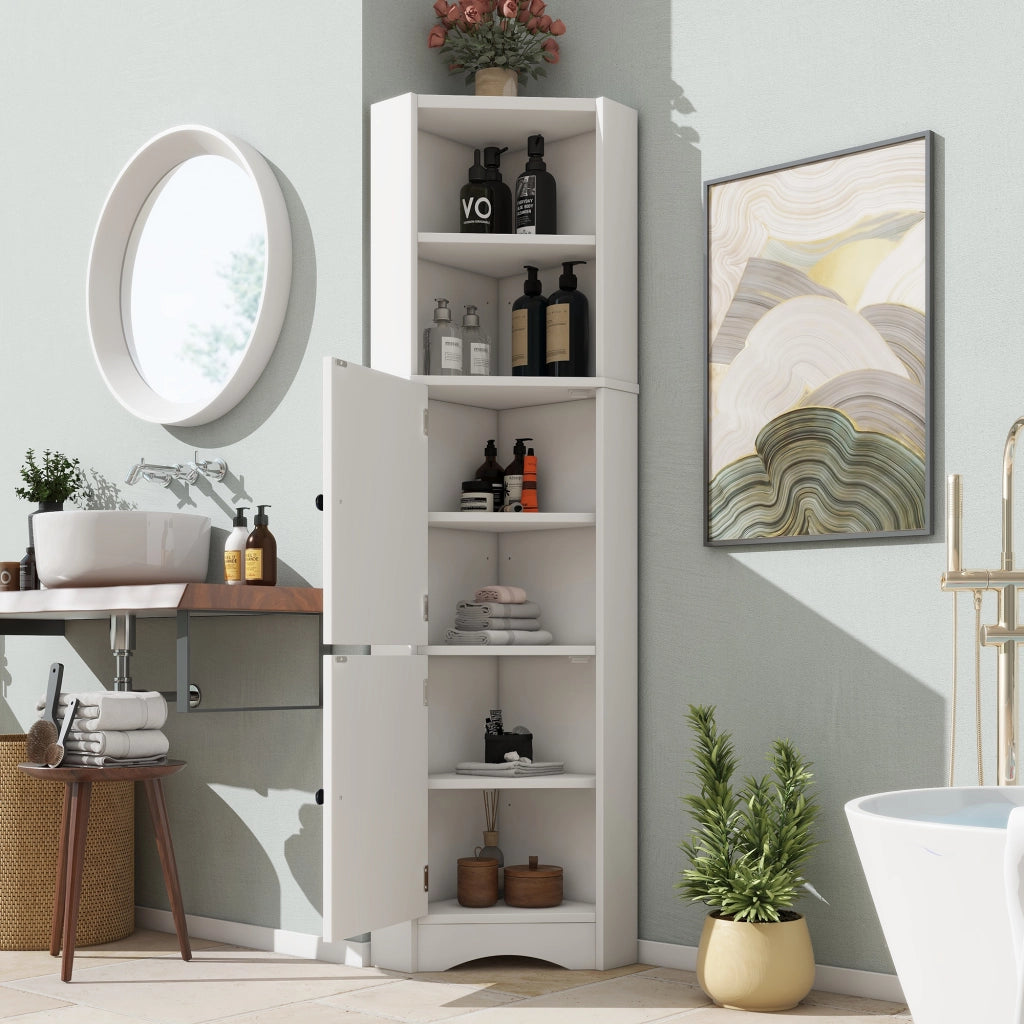 Mobile bagno angolare triangolare in MDF con finitura laccata, 2 ante, 2 ripiani aperti e divisori regolabili, bianco