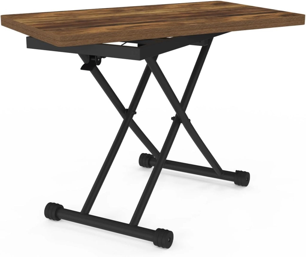 Tavolino 2 in 1 URBANA, trasformabile in tavolo da pranzo rettangolare, 100 cm, legno scuro e nero, design industriale