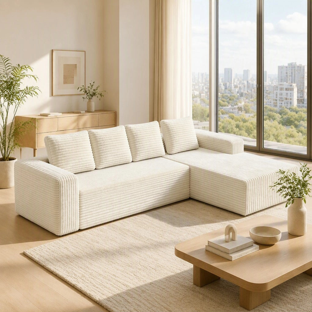 Divano ad angolo, divano a L, con poltrona reclinabile a destra, design modulare, 4 cuscini, pronto all’uso, beige