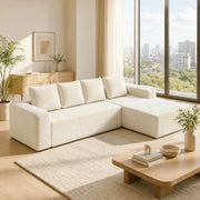 Divano ad angolo, divano a L, con poltrona reclinabile a destra, design modulare, 4 cuscini, pronto all’uso, beige