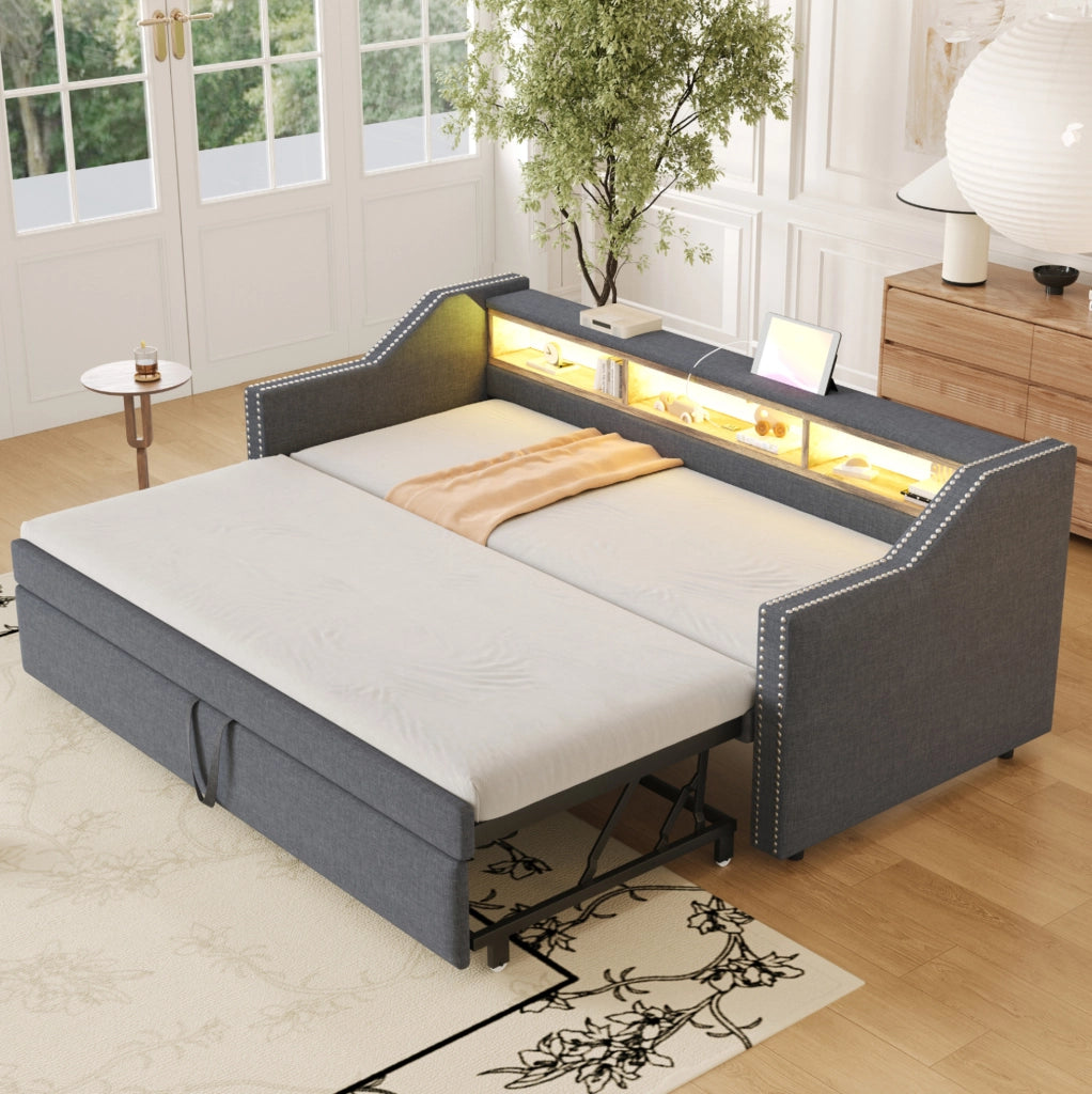Divano letto imbottito estraibile 90/180x190 cm con LED e USB